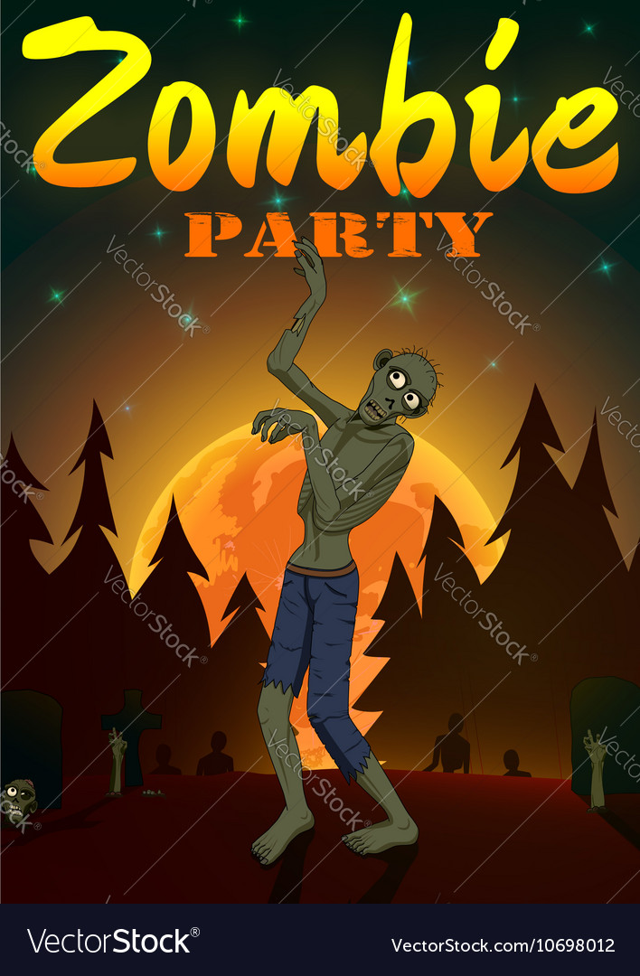 Halloween zombie party on orange moon background