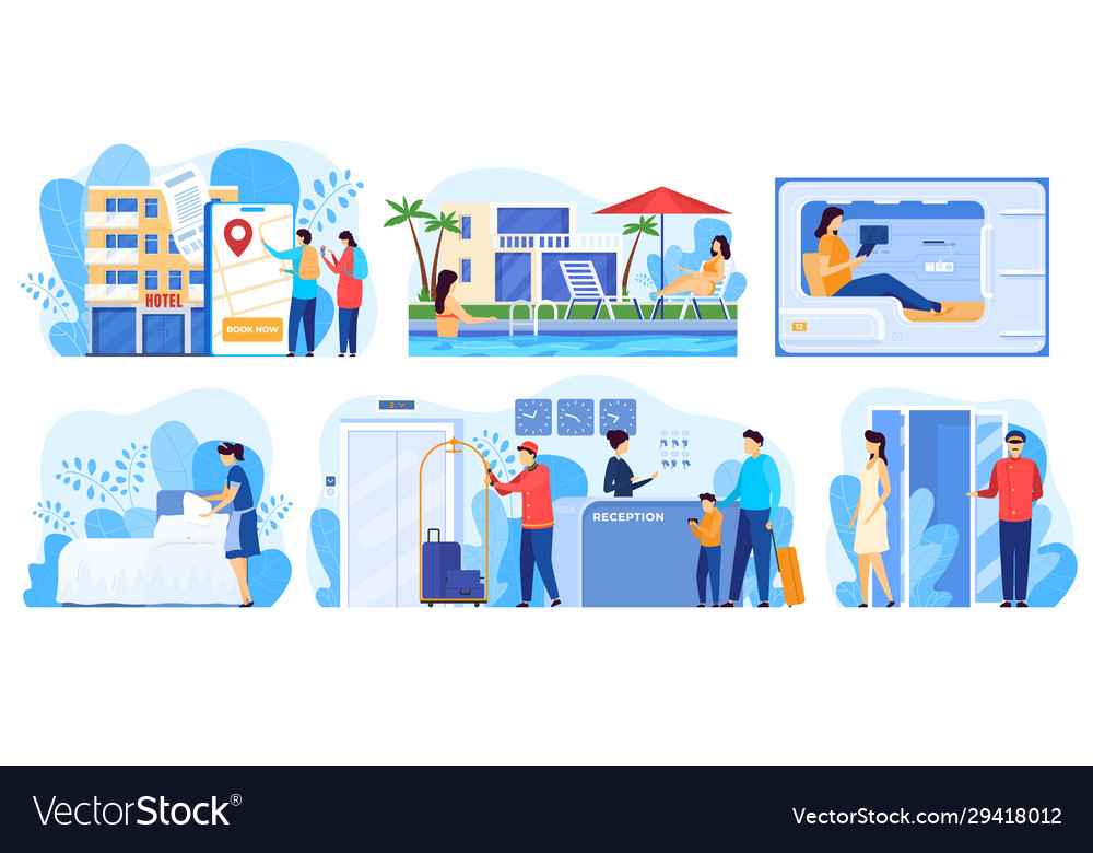 Hotel service people cartoon characters staying vector image Hotel service people cartoon characters staying