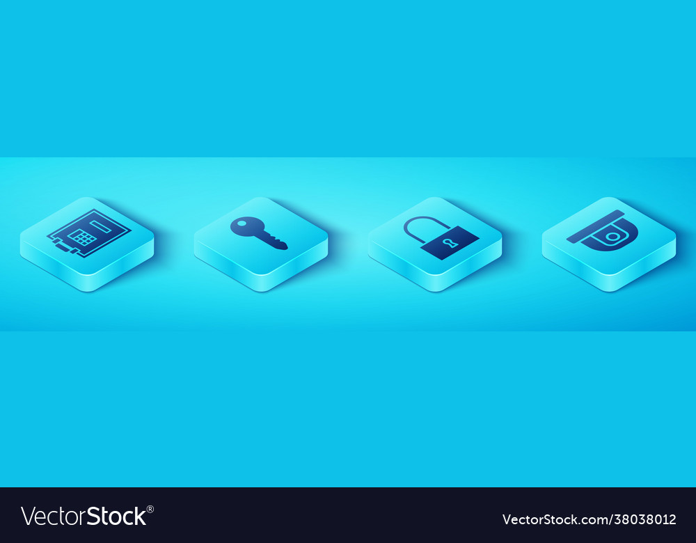 Set isometric safe key motion sensor and lock vector image Set isometric safe key motion sensor and lock