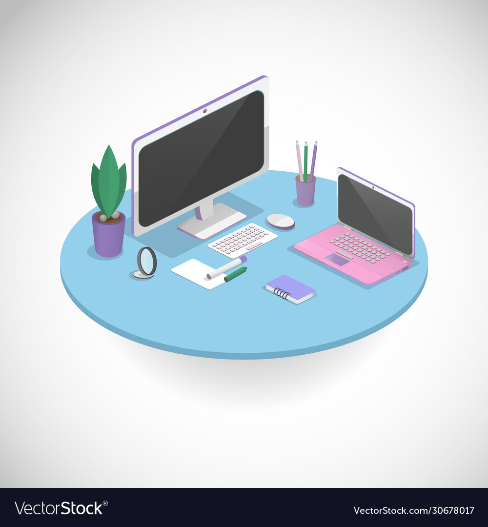 Isometric workplace with computer work Royalty Free Vector