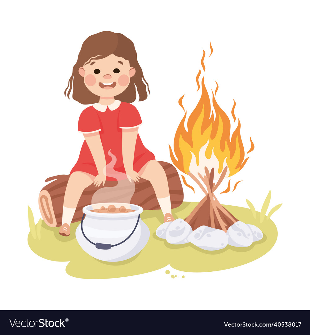 Kleine Mädchen sitzen auf Log in der Nähe von Lagerfeuer Geruch vector image Kleine Mädchen sitzen auf Log in der Nähe von Lagerfeuer Geruch