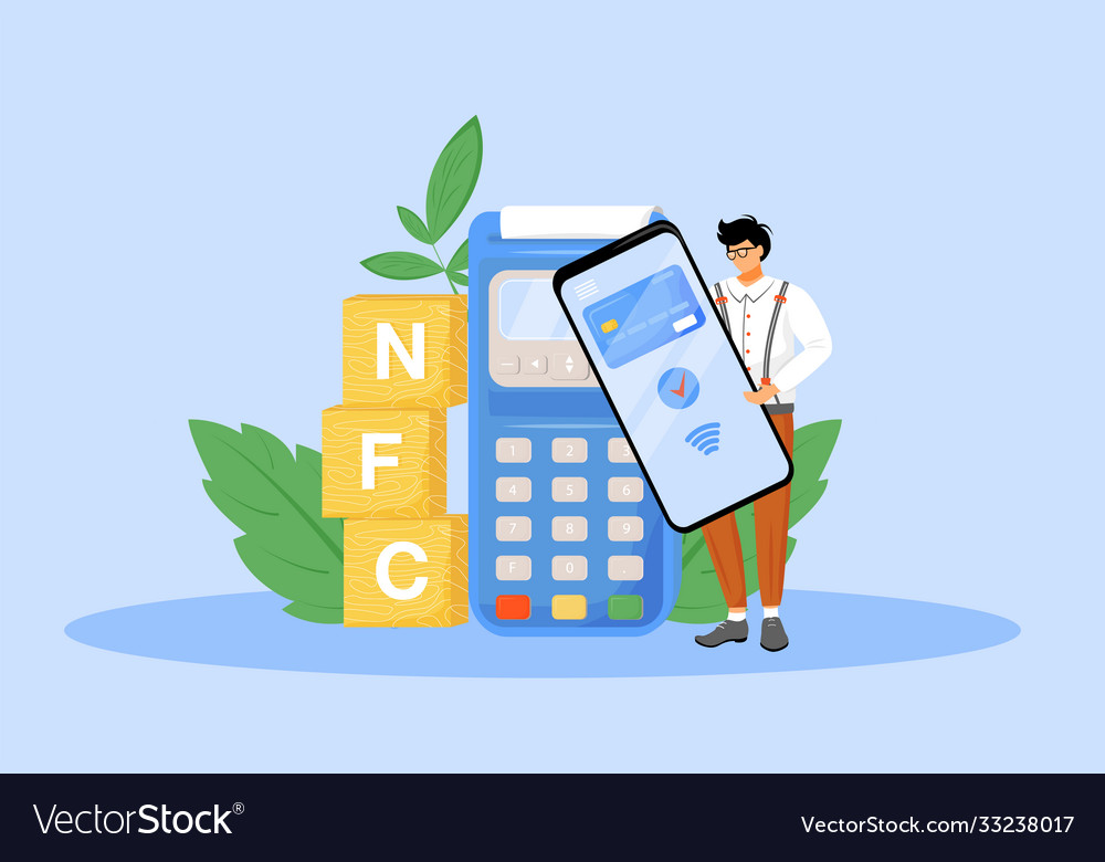 Nfc payment flat concept man mit smartphone vector image Nfc payment flat concept man mit smartphone