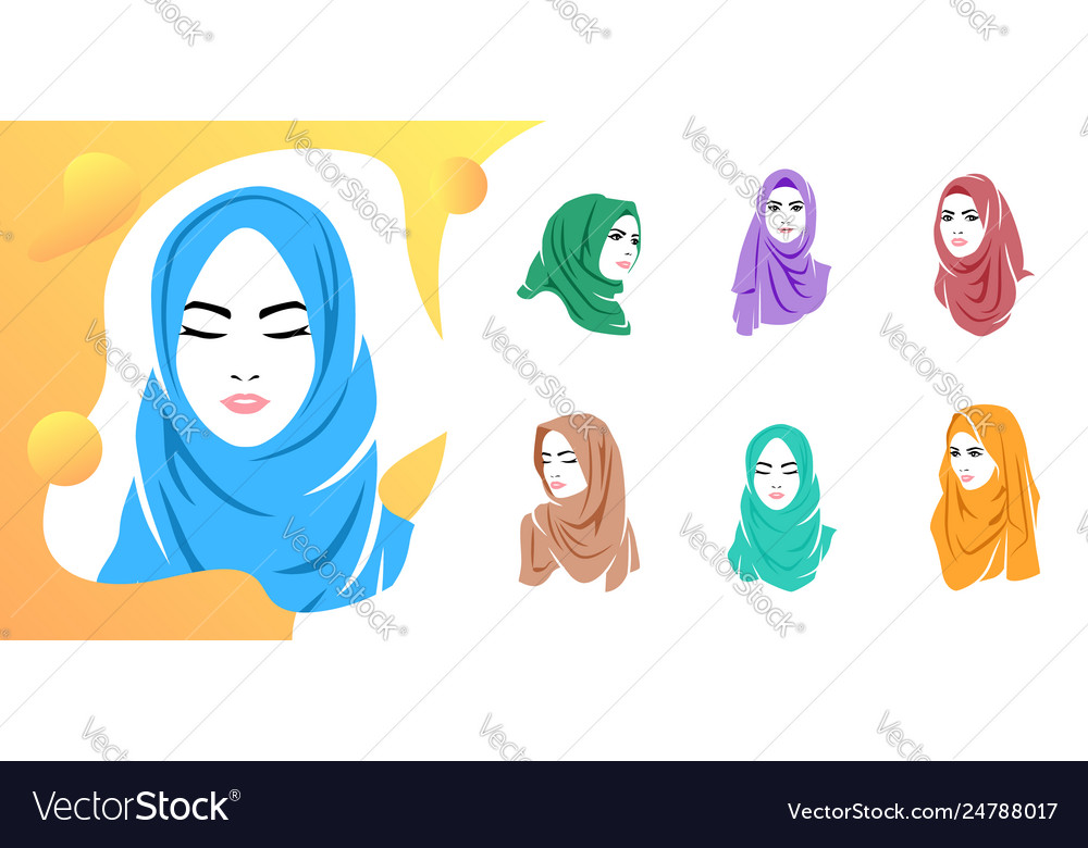 Set beautiful woman wearing colorful hijab icon Vector Image