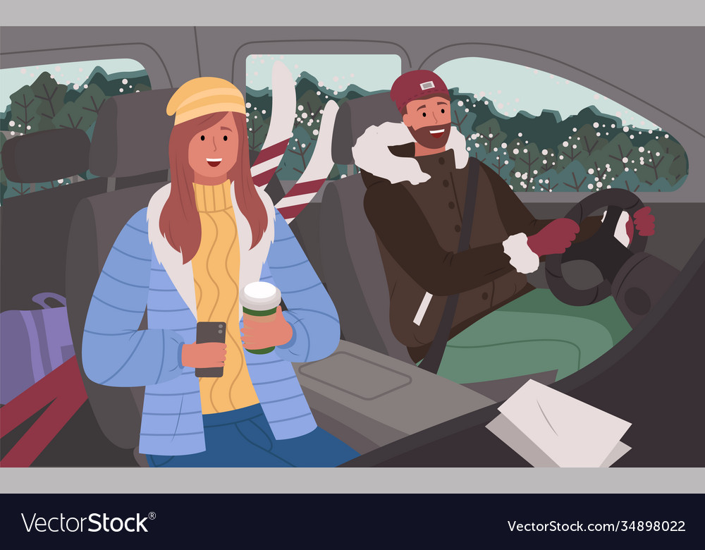 Couple on winter road trip traveling man and woman