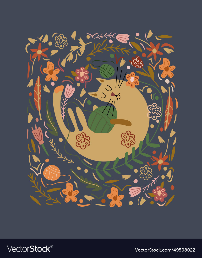 Funny lazy cat playing with threads flat flowers vector image Funny lazy cat playing with threads flat flowers