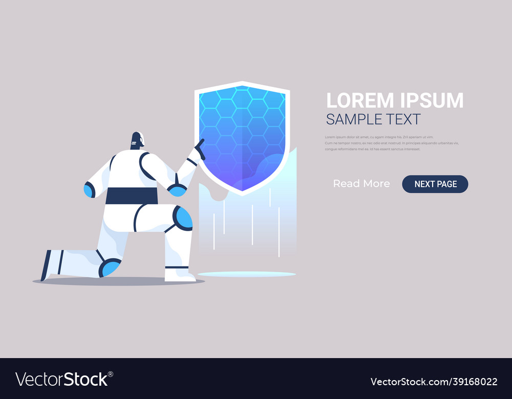 Robot holding shield web data security technology vector image Robot holding shield web data security technology