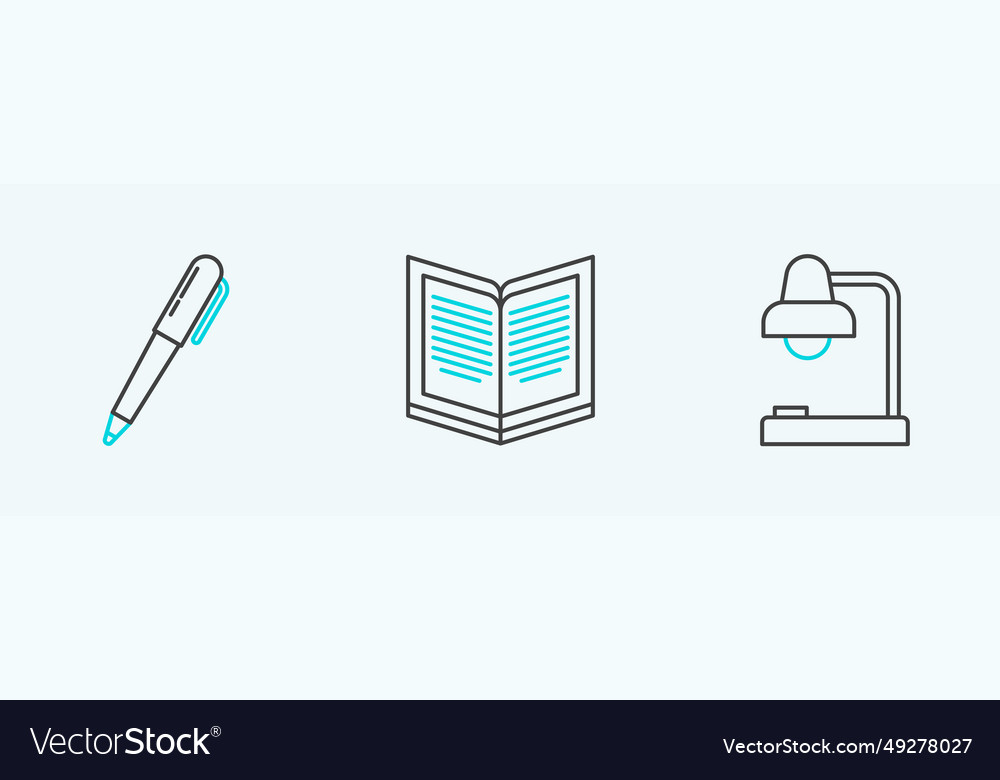 Set line table lamp pen and open book icon vector image Set line table lamp pen and open book icon