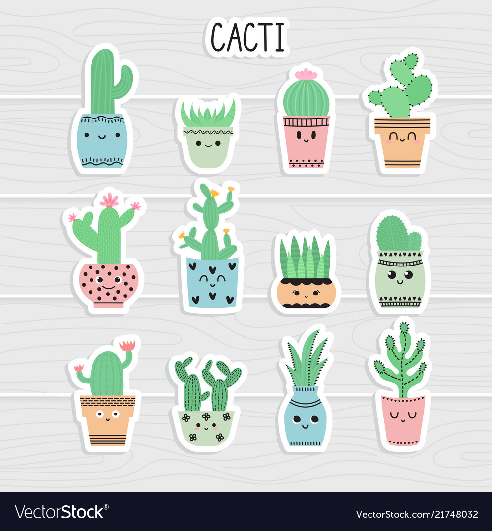 Cute stickers set of cacti and succulents cacti Vector Image