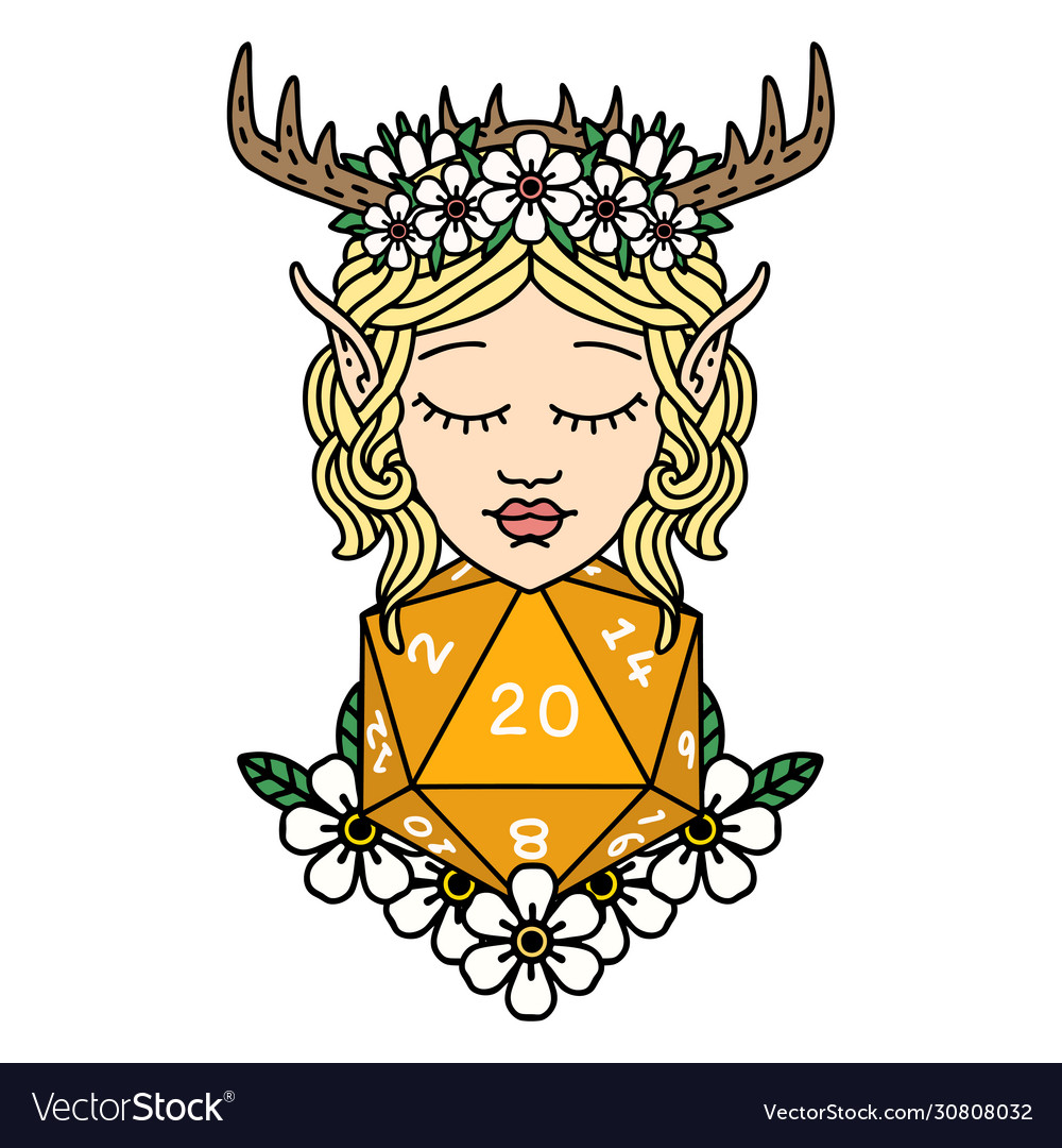 Elf druid character with nautral twenty dice roll