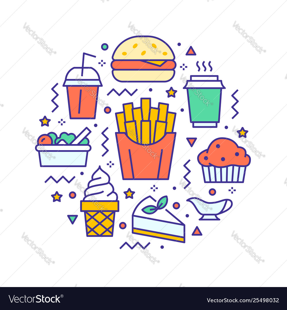 Fast food circle with flat line icons Royalty Free Vector