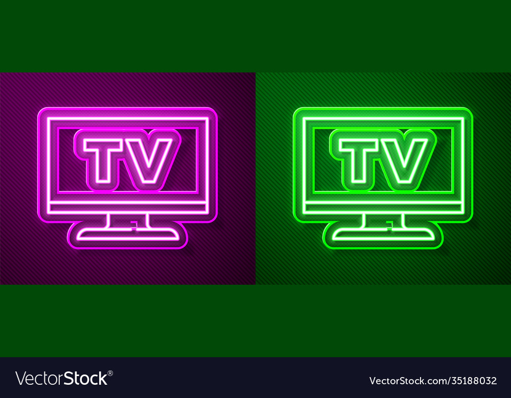 Glowing neon line smart tv icon isolated on purple