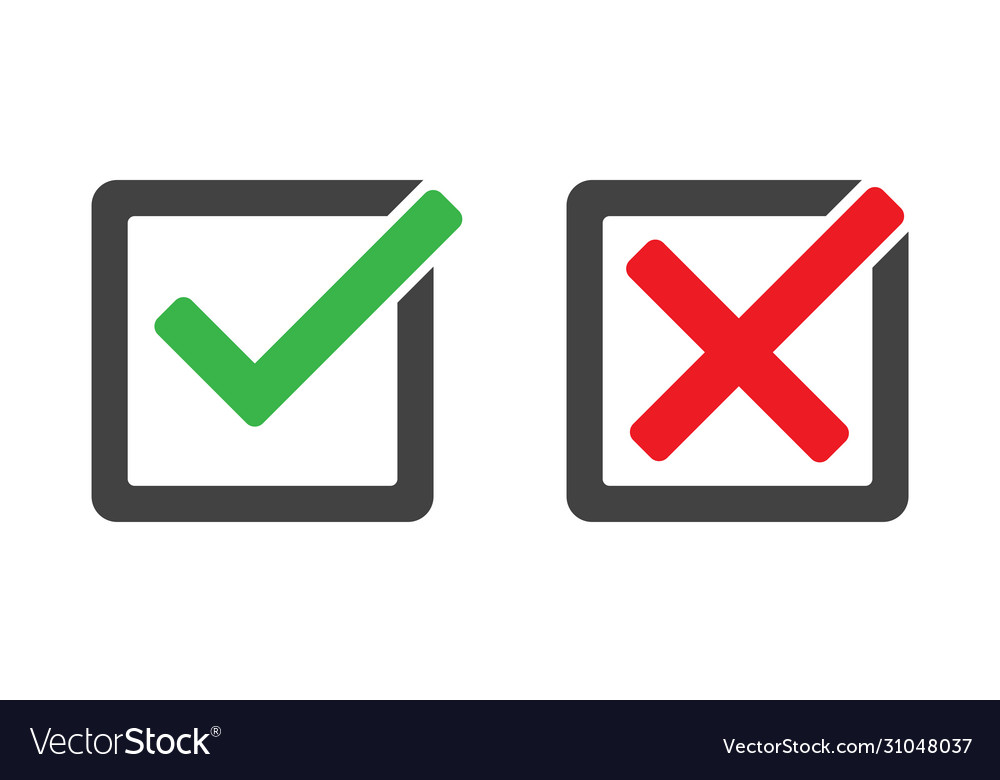 Check mark and cross in box isolated icons