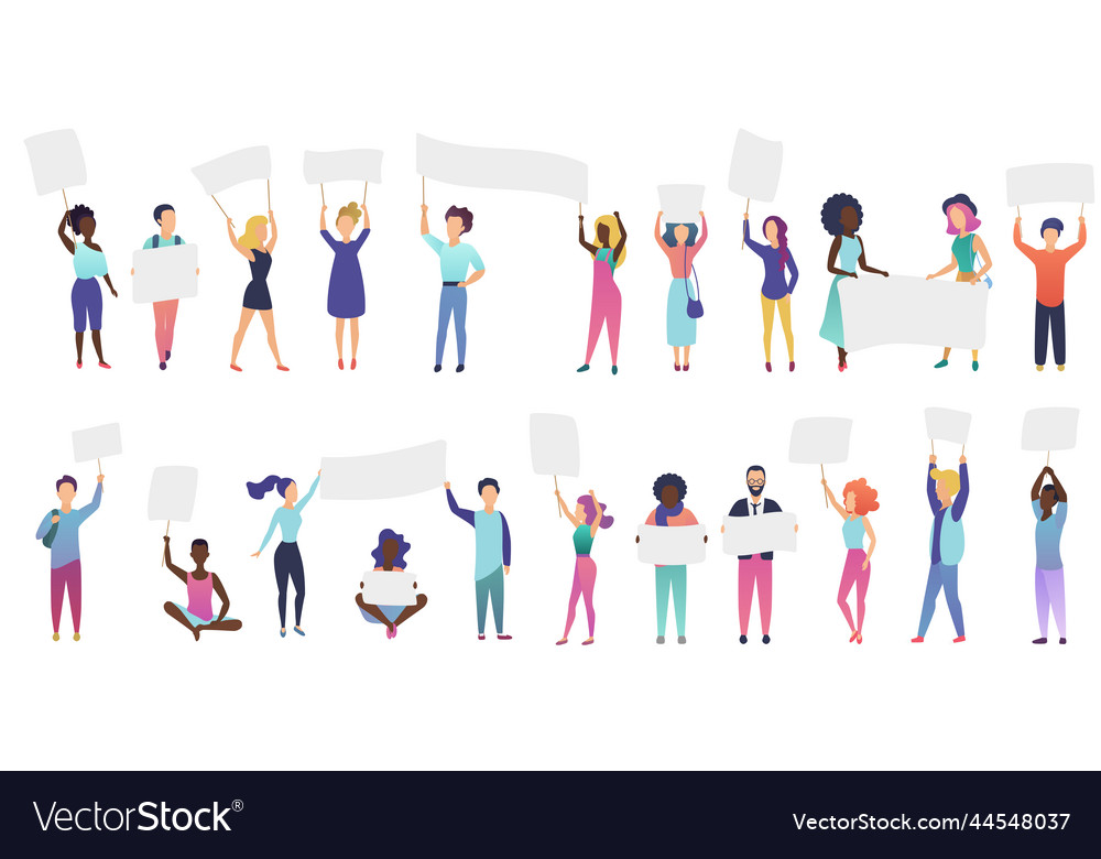 Cheering protesting people crowd holding banners Vector Image