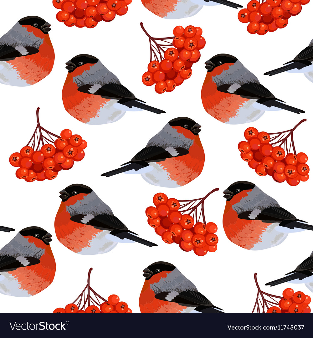 Seamless pattern with rowan and bullfinches
