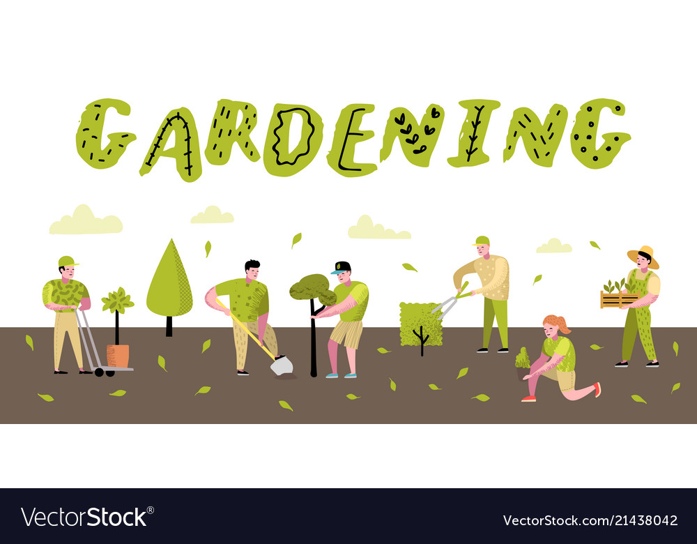 Gardening cartoons characters with plants and tree