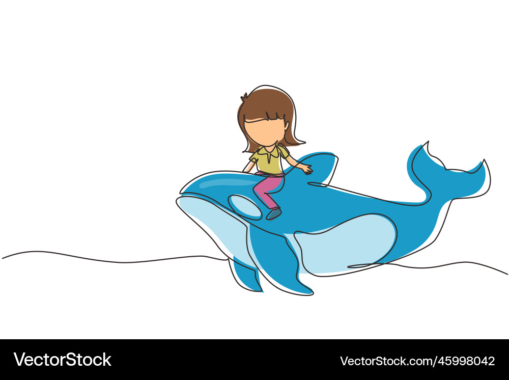 Single continuous line drawing little girl riding Vector Image