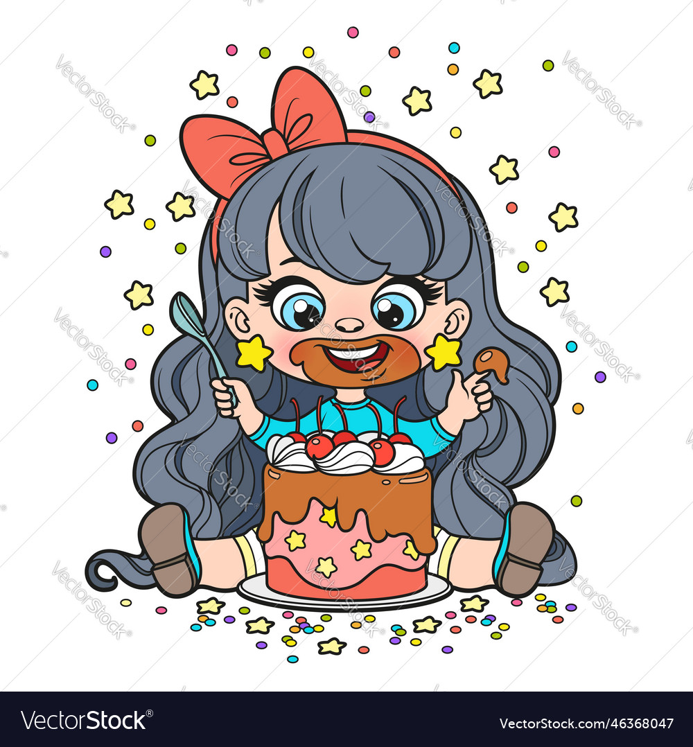 Cute cartoon girl sit with big cake whipped