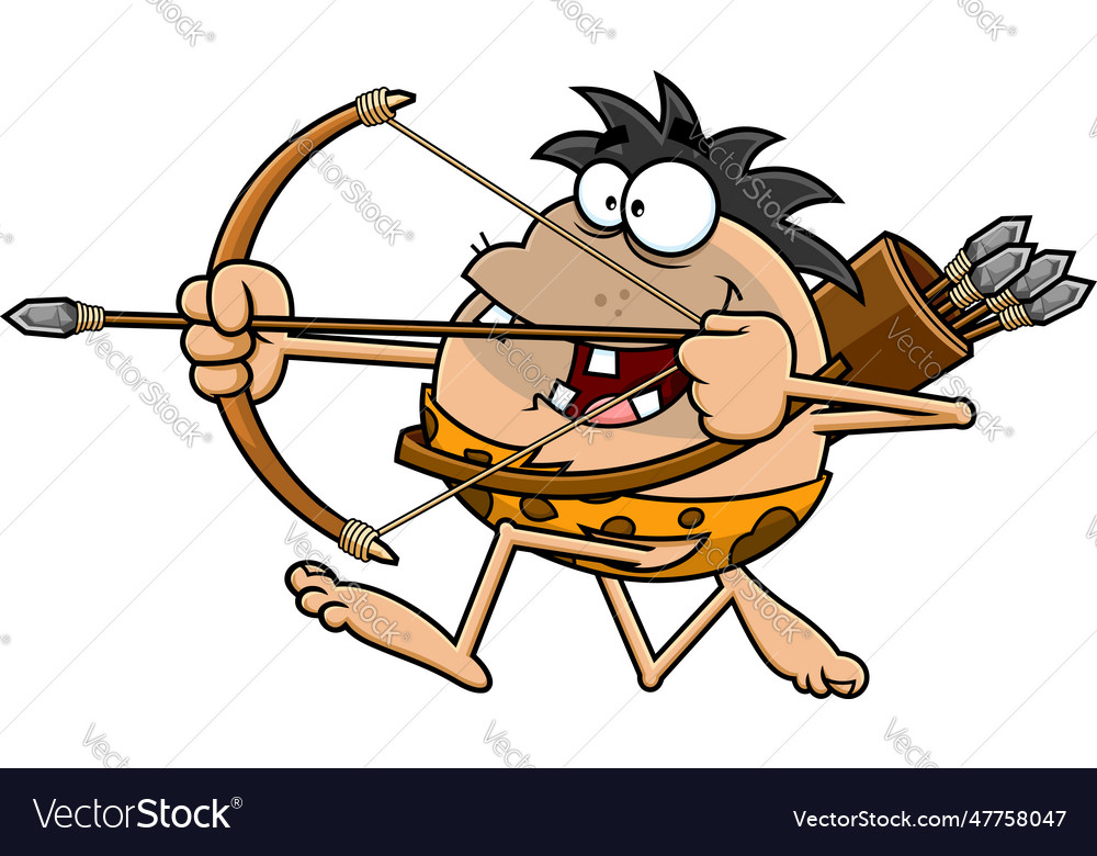 Happy caveman character running with bow and arrow vector image Happy caveman character running with bow and arrow