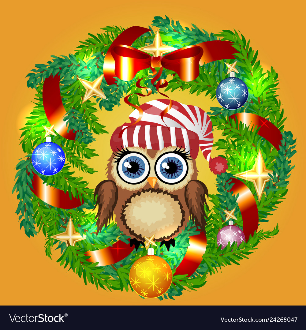 Merry Christmas Wish Greeting Card Design Of Owl Vector Image