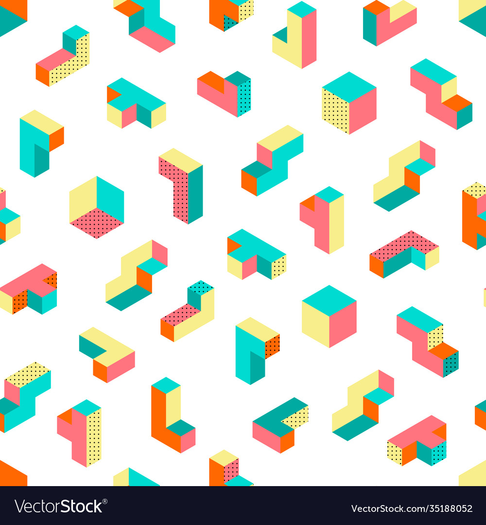Memphis isometric retro puzzle figures pattern