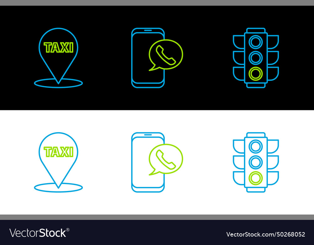Set line traffic light map pointer with taxi vector image Set line traffic light map pointer with taxi