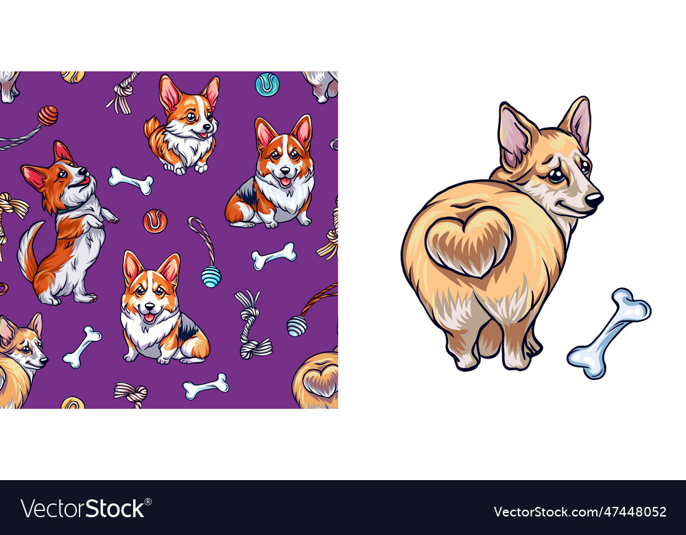 Set aus niedlichen Korgi-Hunden und nahtloser Musterhand vector image Set aus niedlichen Korgi-Hunden und nahtloser Musterhand