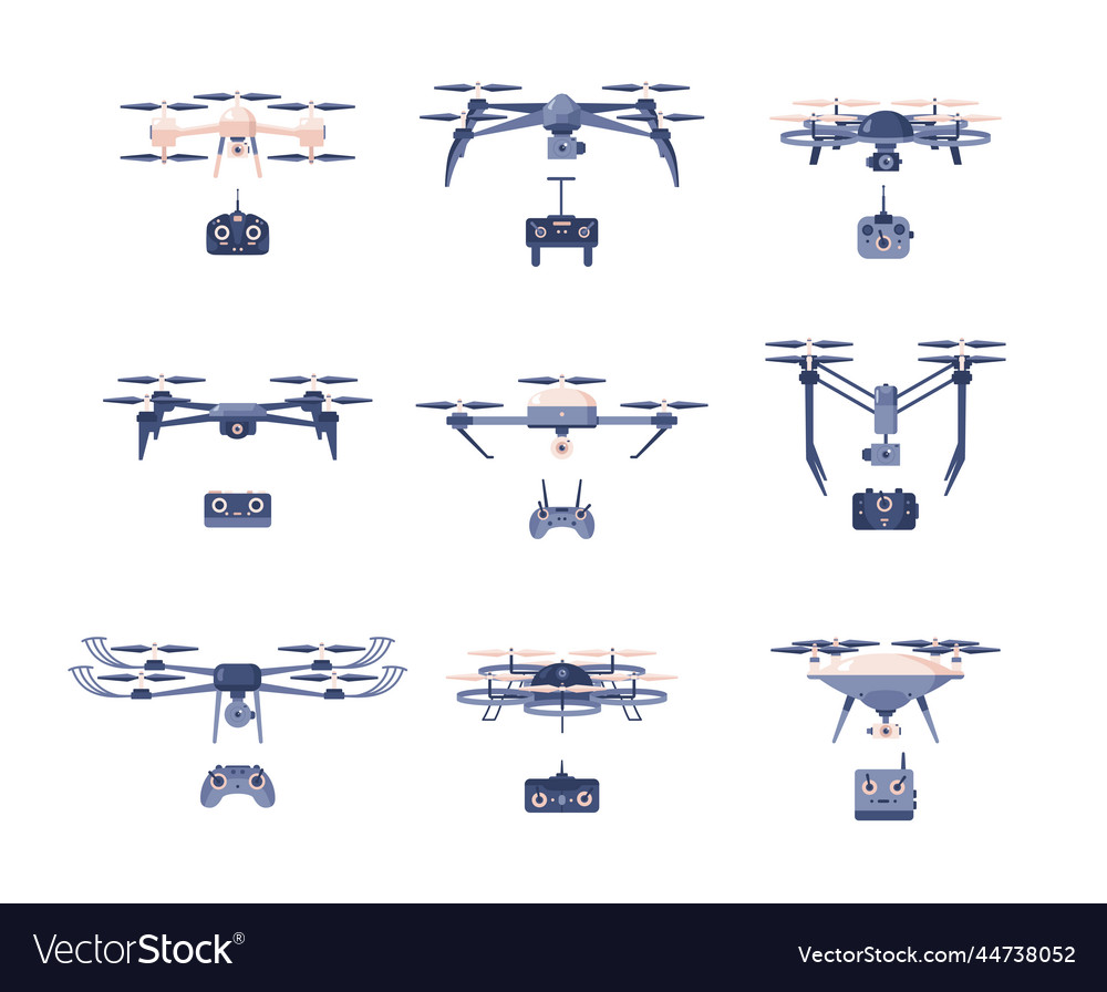 Set of drones with remote controls flat style