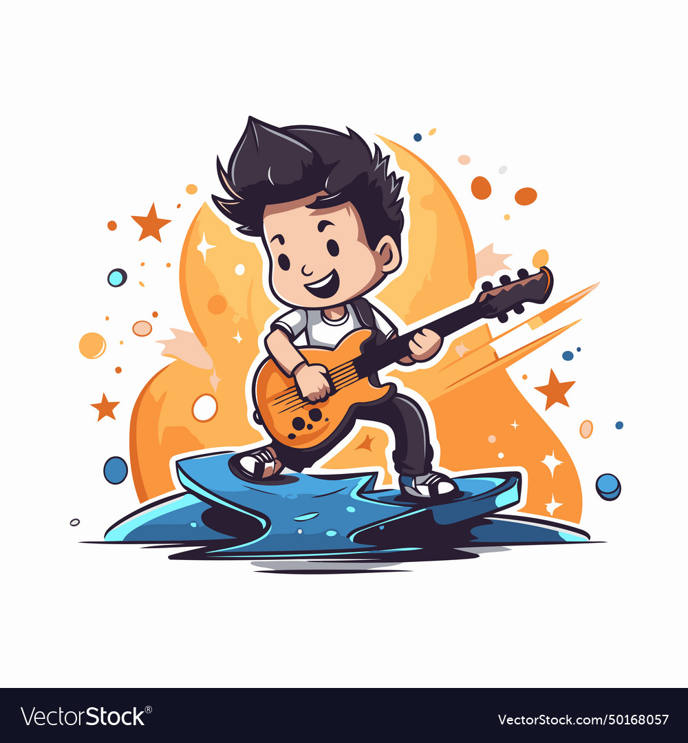 Cartoon boy playing the guitar on white background