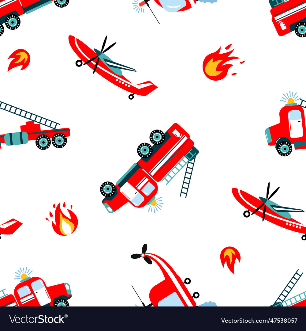 Firefighters seamless pattern with fire engines