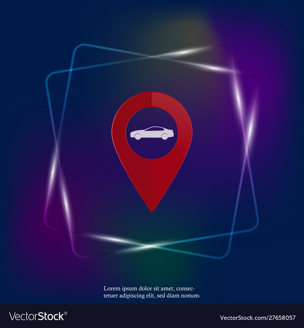 Map pointer neon light icon with car positioning