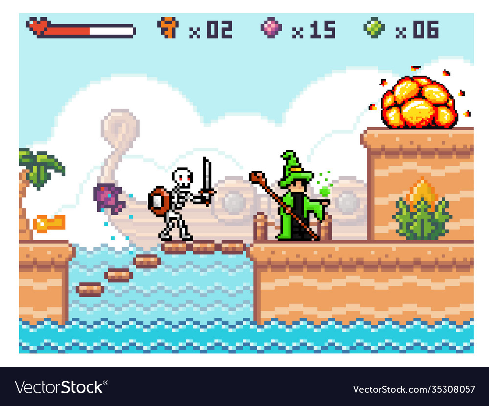 Pixel game interface skeleton with sword attacks