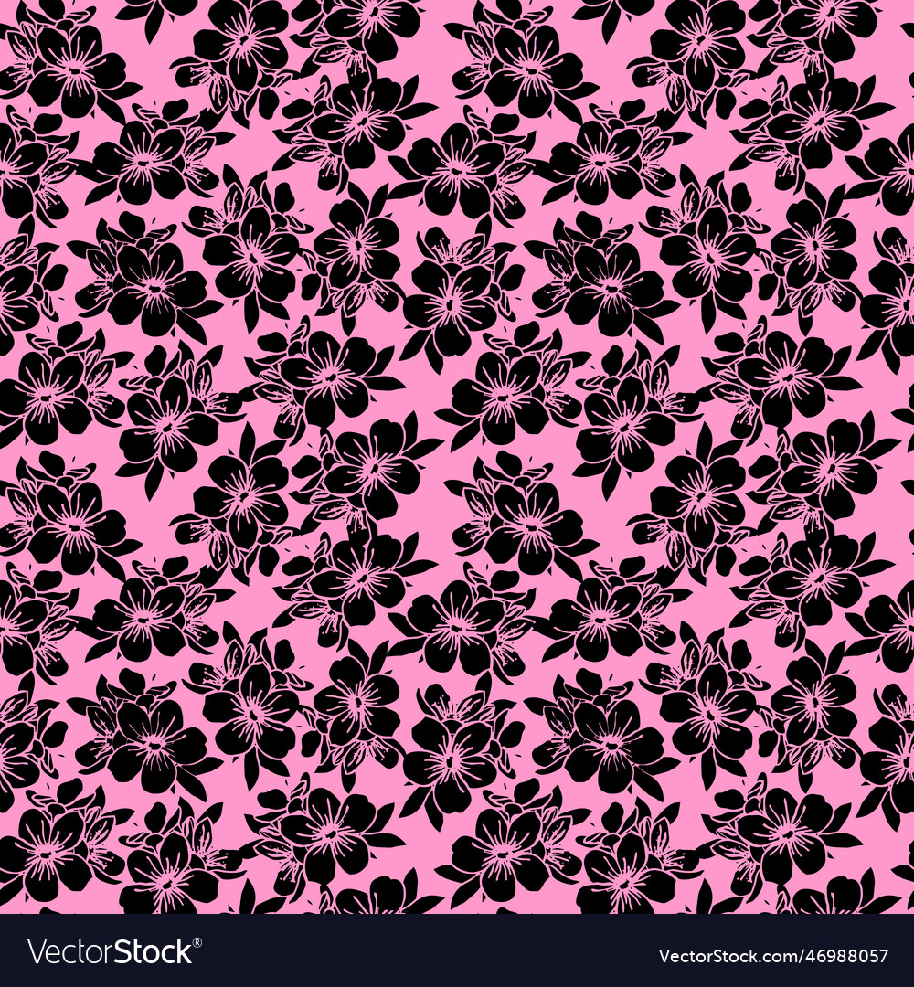 Seamless floral pattern of black contour flowers