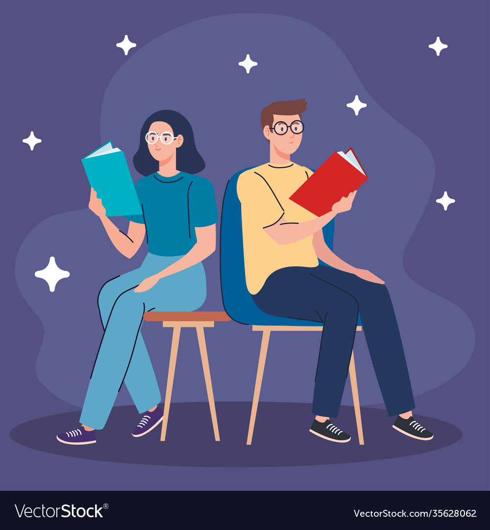 Couple reading text books seated in chairs vector image Couple reading text books seated in chairs
