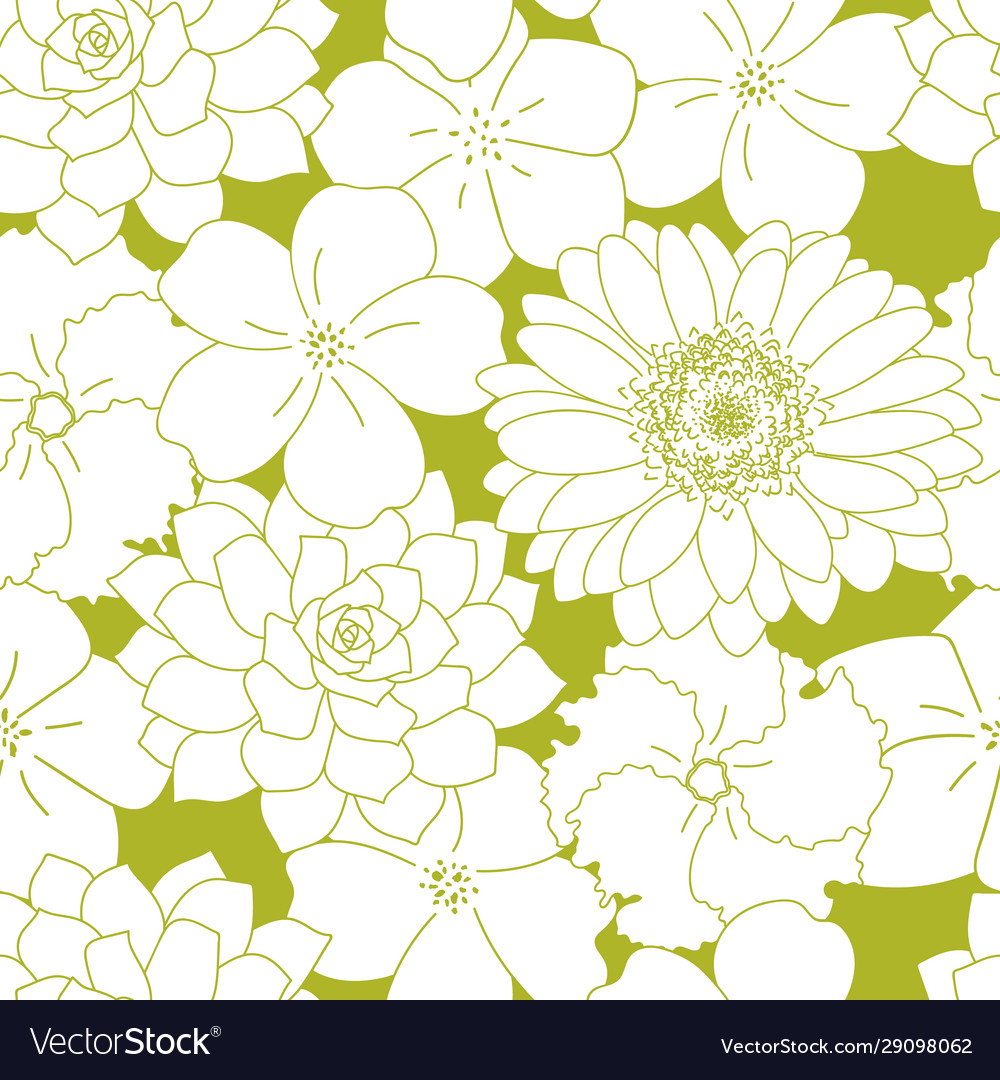 White flowers lineart seamless pattern green