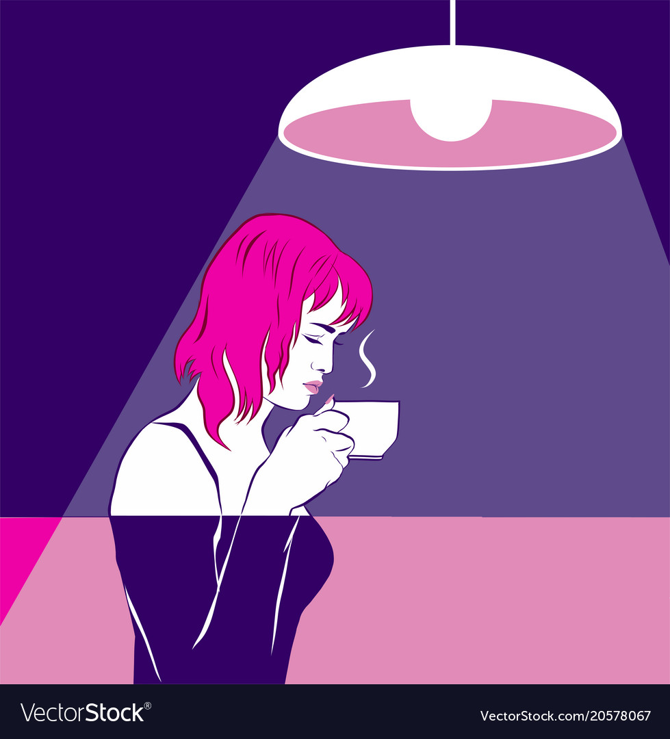 A pink-haired girl sniffing coffee cup near face