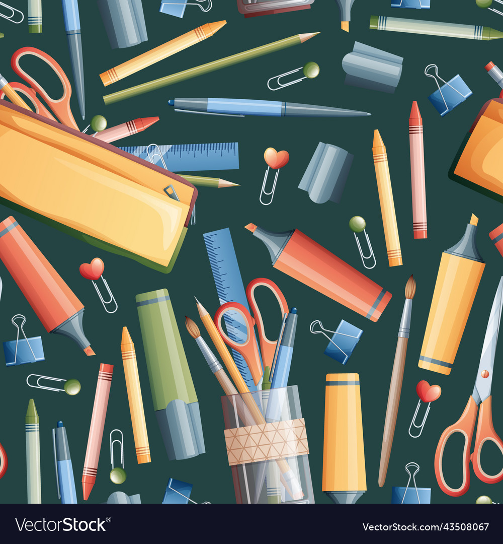 Seamless pattern with pencils markers scissors vector image Seamless pattern with pencils markers scissors