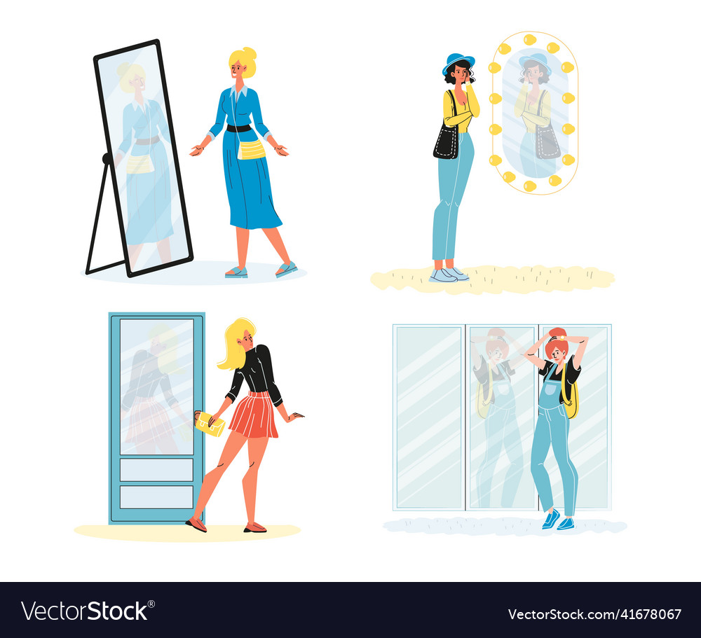 Woman looking at mirror reflection isolated set
