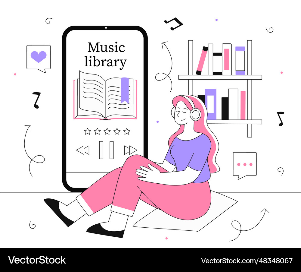Woman with music library line Royalty Free Vector Image