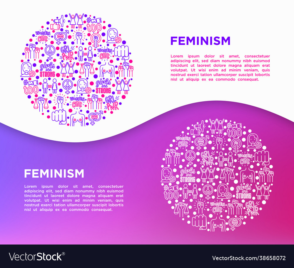 Feminismus Konzept im Kreis mit dünnen Liniensymbolen