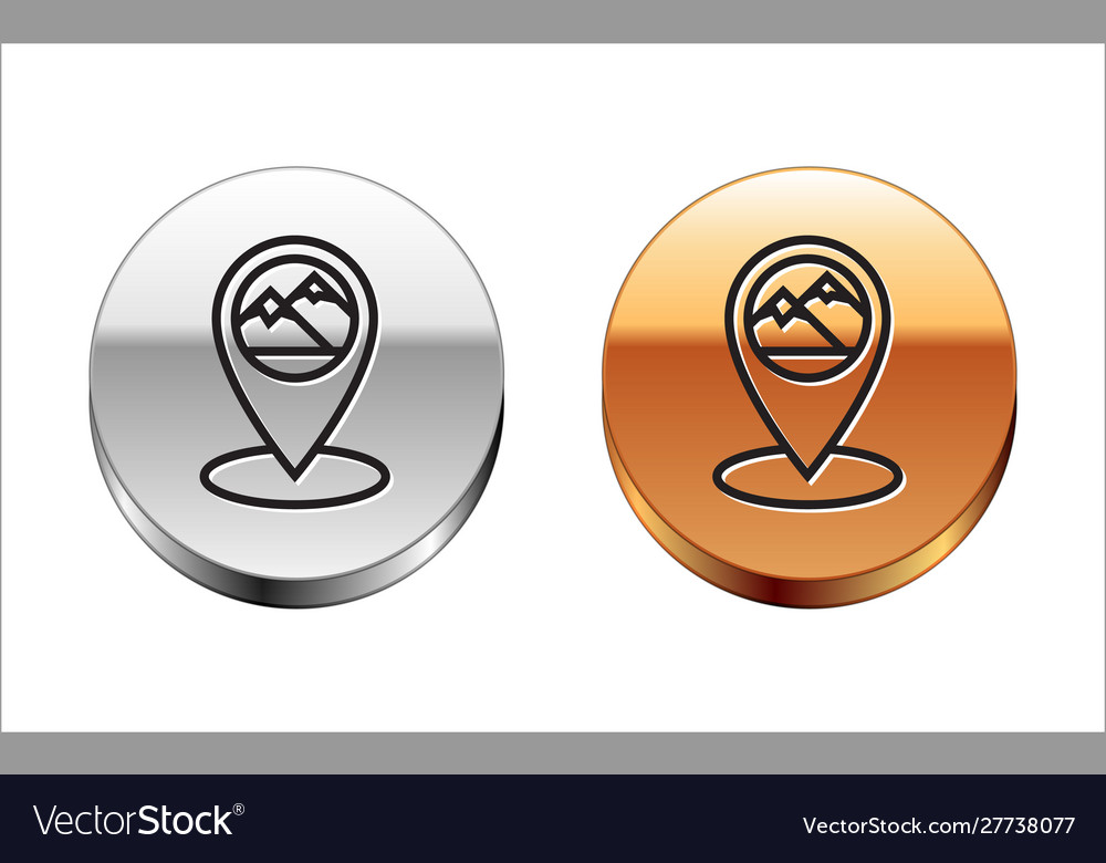 Black line map pointer with mountain icon isolated