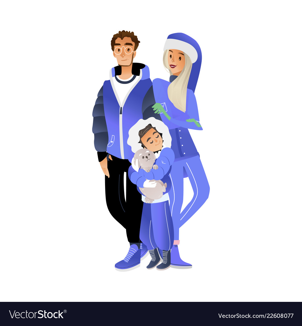 Cartoon big family character hugging winter