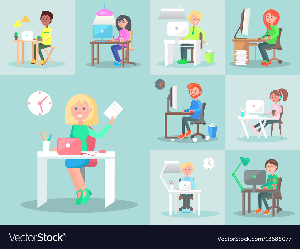 Characters work at computer in office big set vector image Characters work at computer in office big set