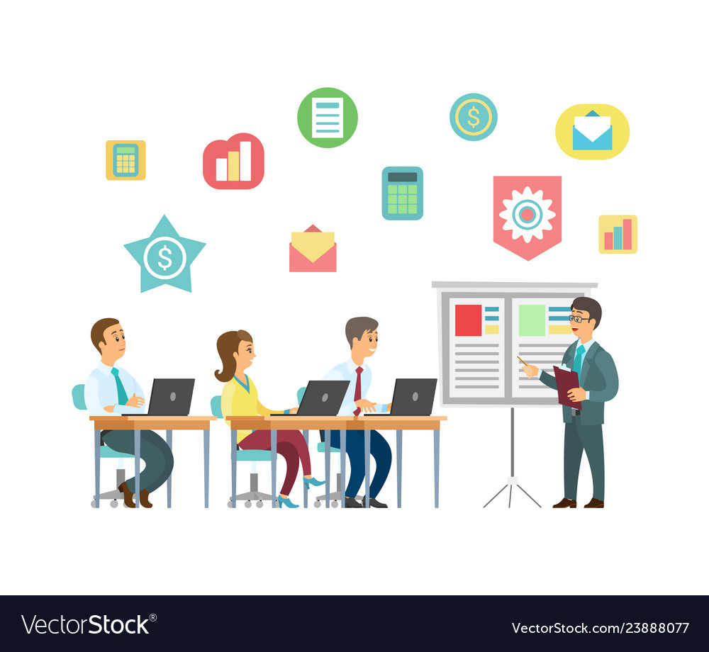 Download Coach and students with laptops business training Vector Image