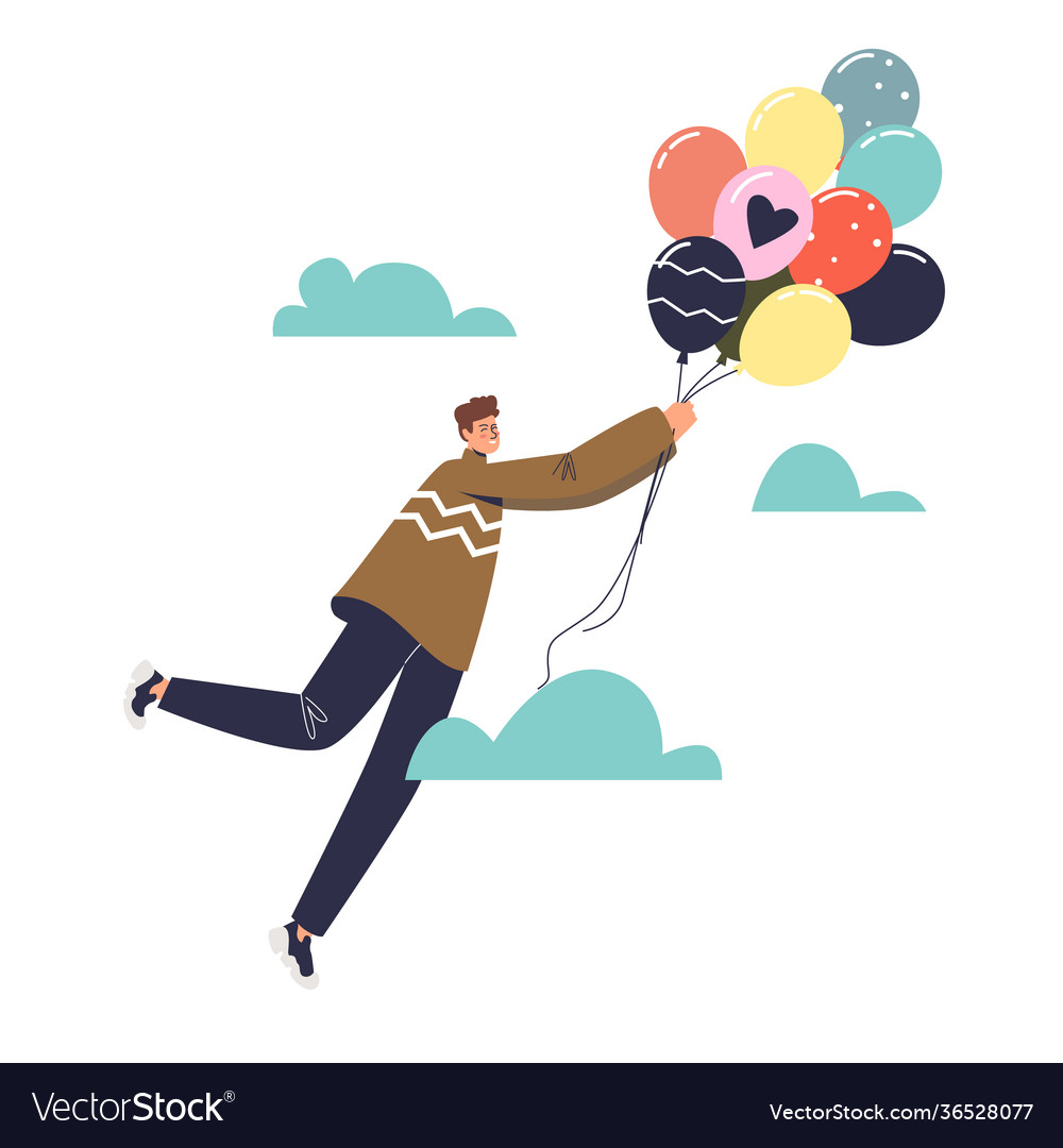 Man with colorful balloons flying in sky over vector image Man with colorful balloons flying in sky over