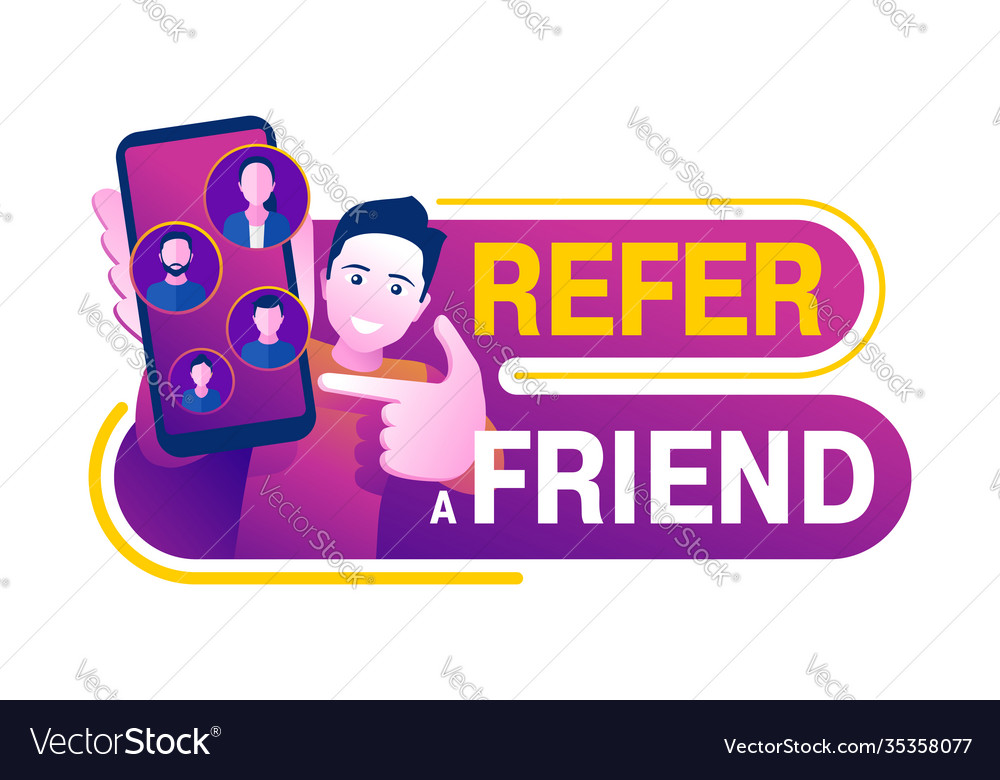 Refer a friend - junger Mann mit Telefon und Shows