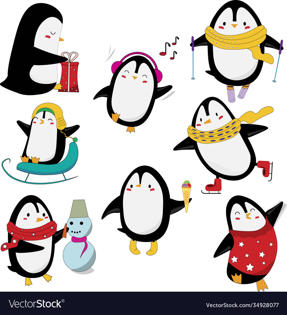 Set cute penguins having fun isolated on white Vector Image