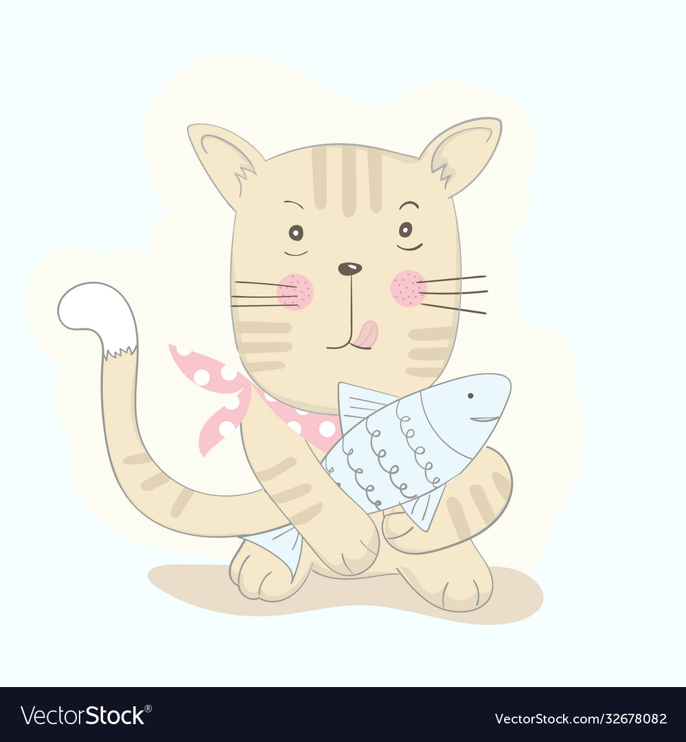 Cute baby cat with fish hand drawn cartoon