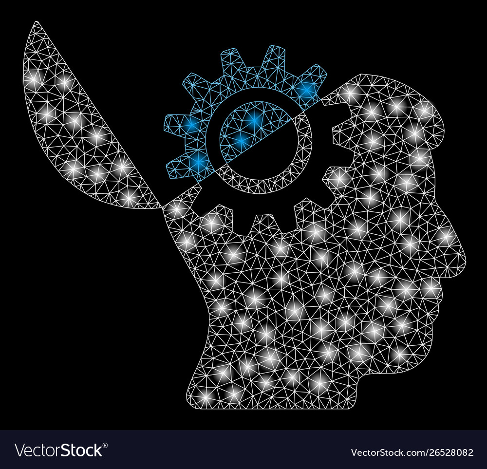 Glowing mesh 2d open mind gear with flare spots vector image Glowing mesh 2d open mind gear with flare spots