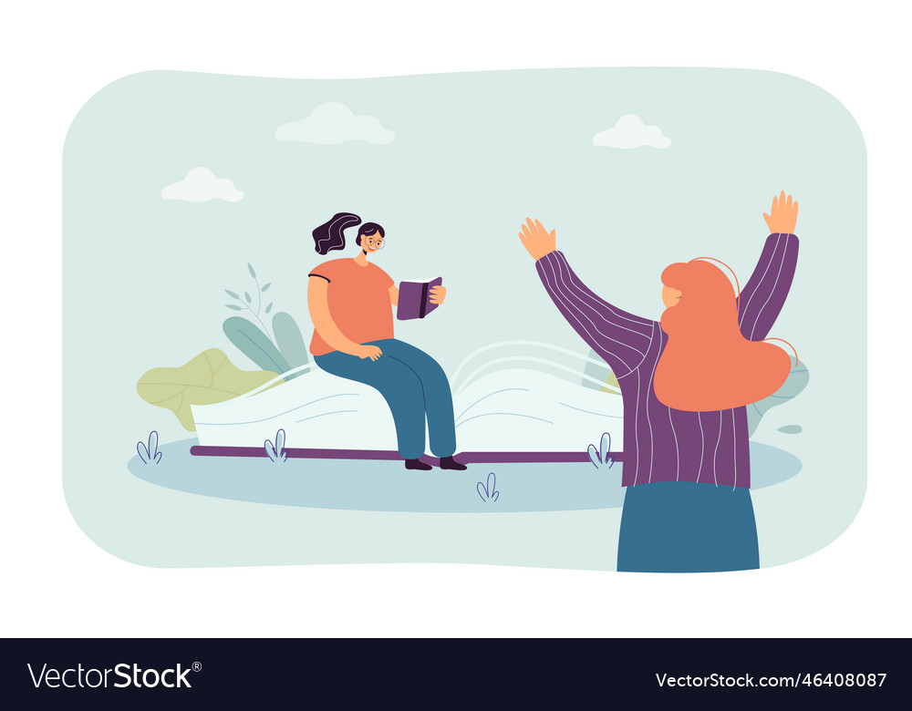 Back view of friend greeting tiny reader sitting