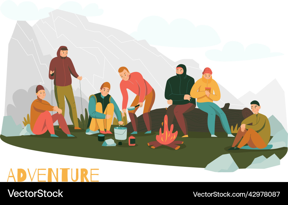 Camping fire flat composition Royalty Free Vector Image